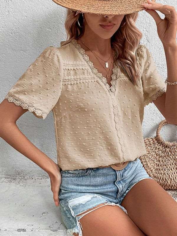 V-Neck Short Sleeve Top with Lace Trim