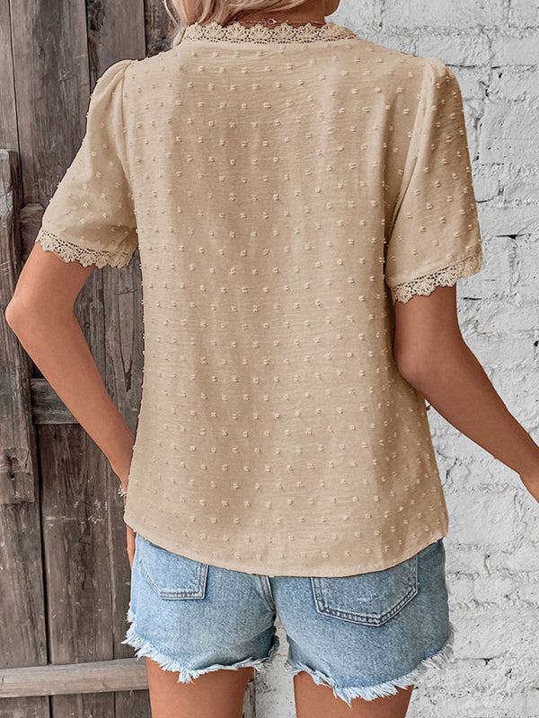 V-Neck Short Sleeve Top with Lace Trim