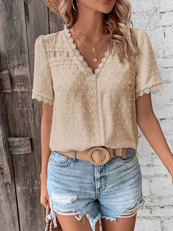 V-Neck Short Sleeve Top with Lace Trim