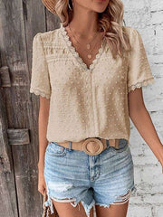 V-Neck Short Sleeve Top with Lace Trim