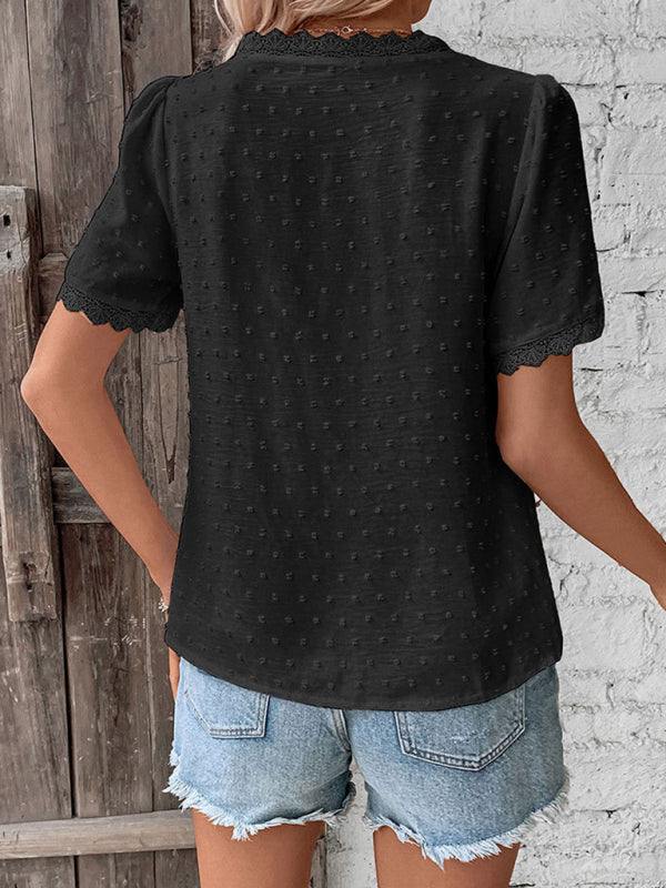 V-Neck Short Sleeve Top with Lace Trim