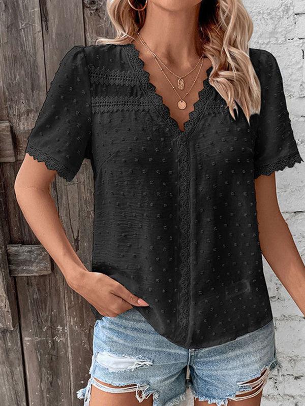V-Neck Short Sleeve Top with Lace Trim