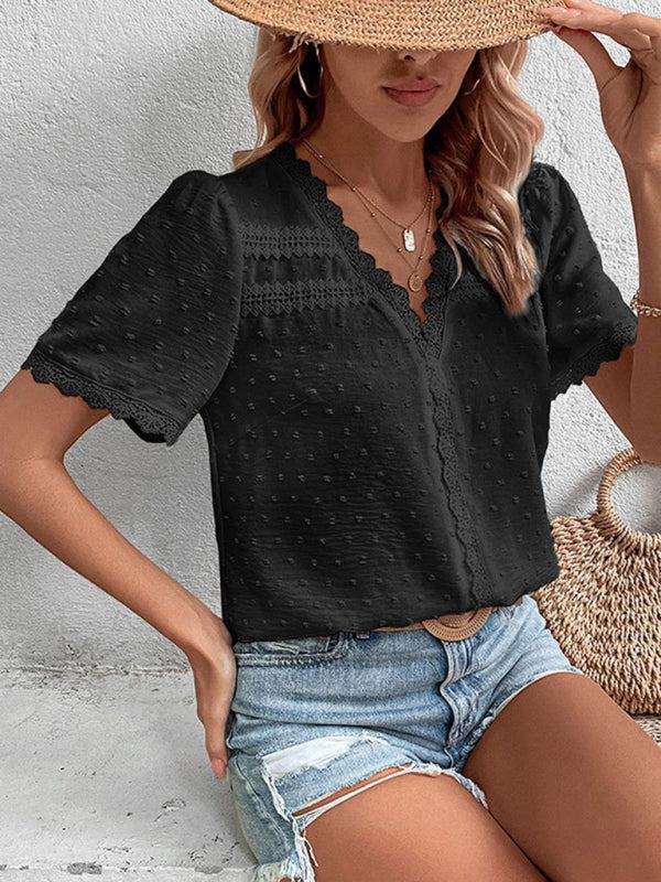 V-Neck Short Sleeve Top with Lace Trim