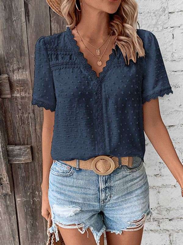 V-Neck Short Sleeve Top with Lace Trim