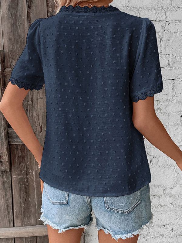 V-Neck Short Sleeve Top with Lace Trim