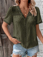 V-Neck Short Sleeve Top with Lace Trim