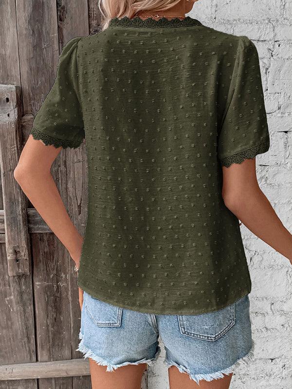 V-Neck Short Sleeve Top with Lace Trim