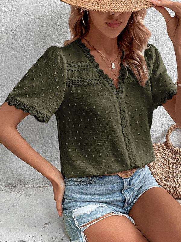 V-Neck Short Sleeve Top with Lace Trim