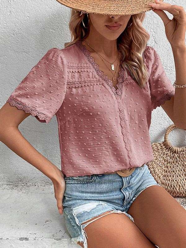 V-Neck Short Sleeve Top with Lace Trim
