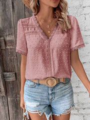 V-Neck Short Sleeve Top with Lace Trim
