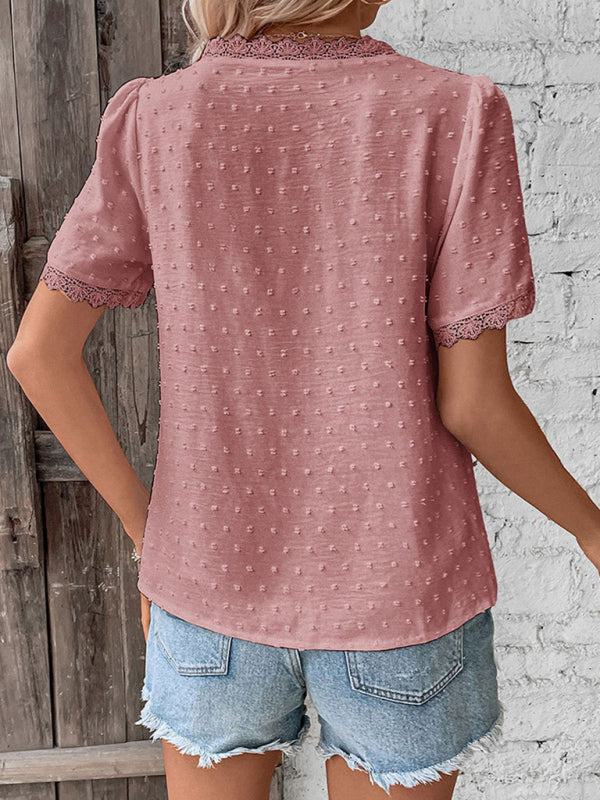 V-Neck Short Sleeve Top with Lace Trim