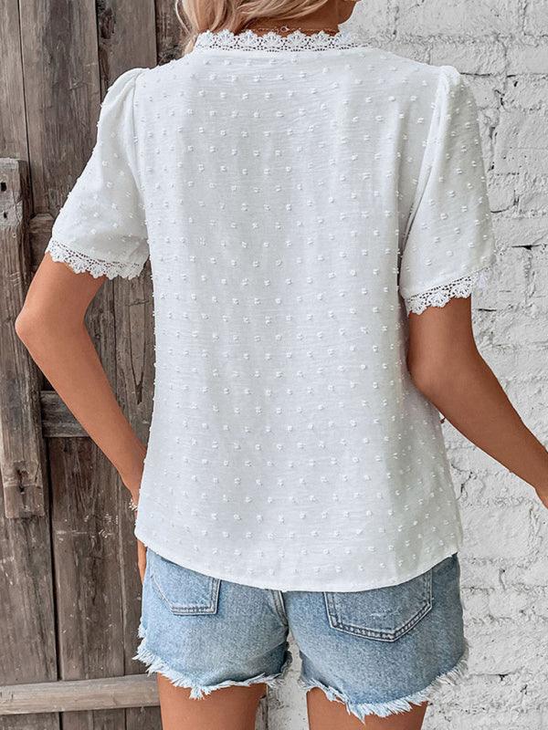 V-Neck Short Sleeve Top with Lace Trim