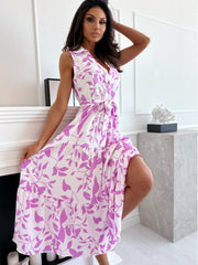 Robe longue imprimée sans manches, col en V, avec lien à la taille, disponible en 3 couleurs, du S au XXL