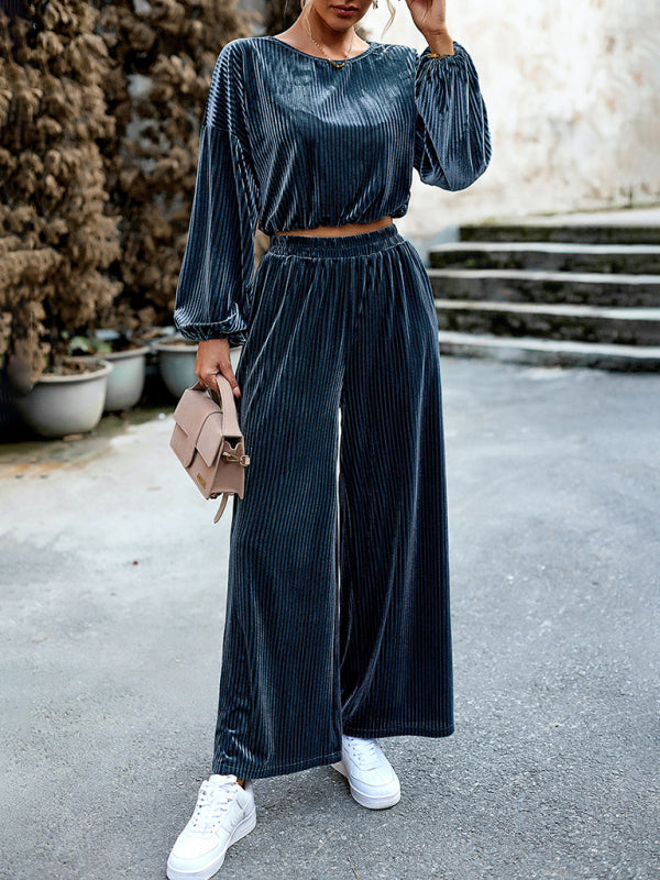 Solid Colour Ribbed Velvet Pants Set
