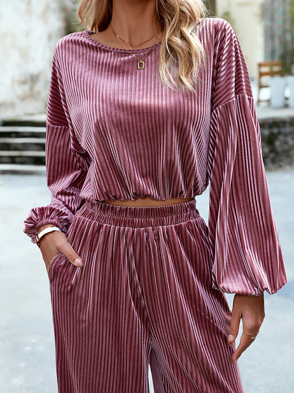 Solid Colour Ribbed Velvet Pants Set