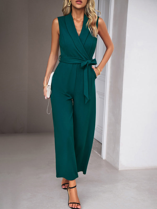 Elegant Sleeveless V-Neck Wide Leg Jumpsuit with Waist Tie
