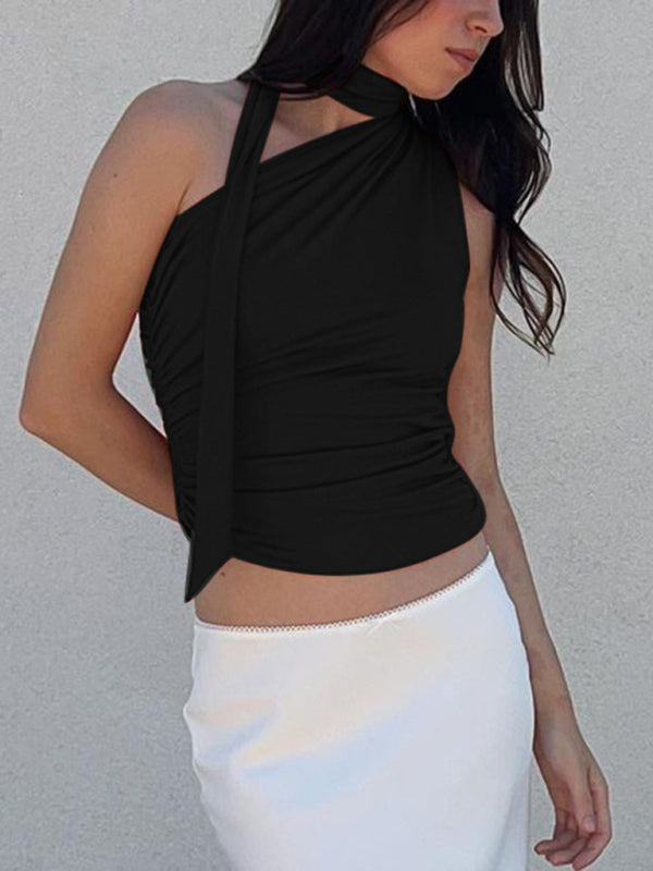 Sleeveless One Shoulder Cropped Top with Neck Tie in 2 Colors Sizes 4-12