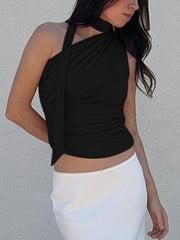 Sleeveless One Shoulder Cropped Top with Neck Tie in 2 Colors Sizes 4-12