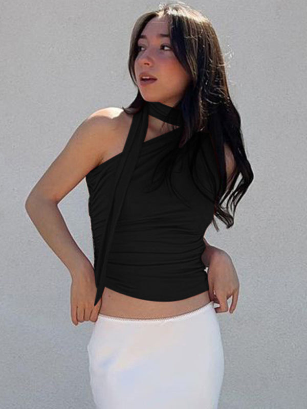 Sleeveless One Shoulder Cropped Top with Neck Tie in 2 Colors Sizes 4-12