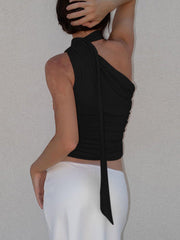 Sleeveless One Shoulder Cropped Top with Neck Tie in 2 Colors Sizes 4-12