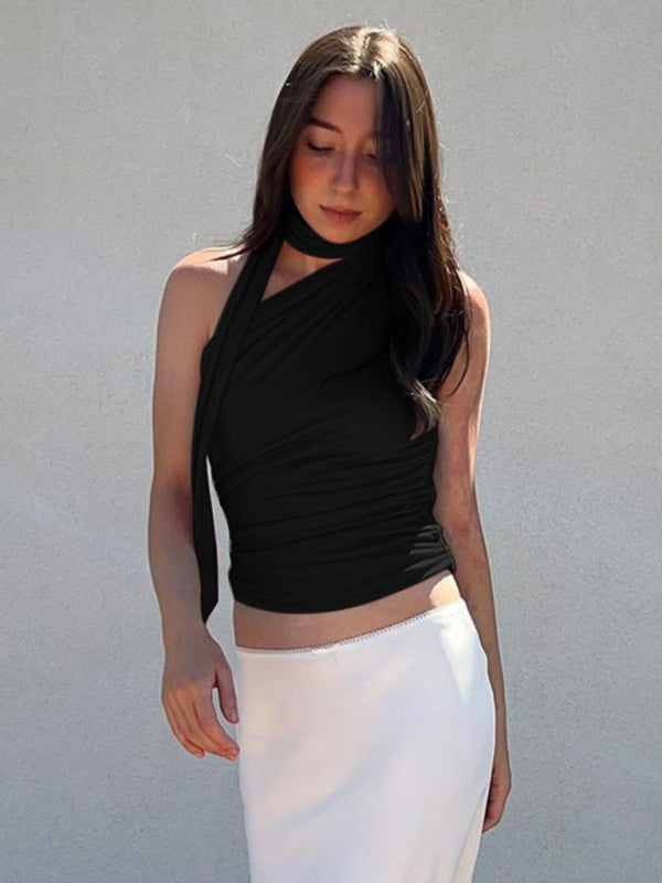 Sleeveless One Shoulder Cropped Top with Neck Tie in 2 Colors Sizes 4-12