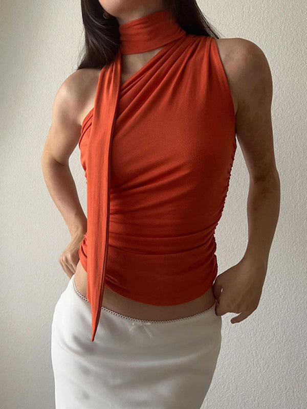 Sleeveless One Shoulder Cropped Top with Neck Tie in 2 Colors Sizes 4-12