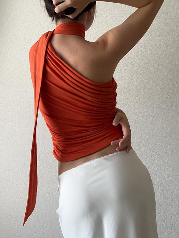 Sleeveless One Shoulder Cropped Top with Neck Tie in 2 Colors Sizes 4-12