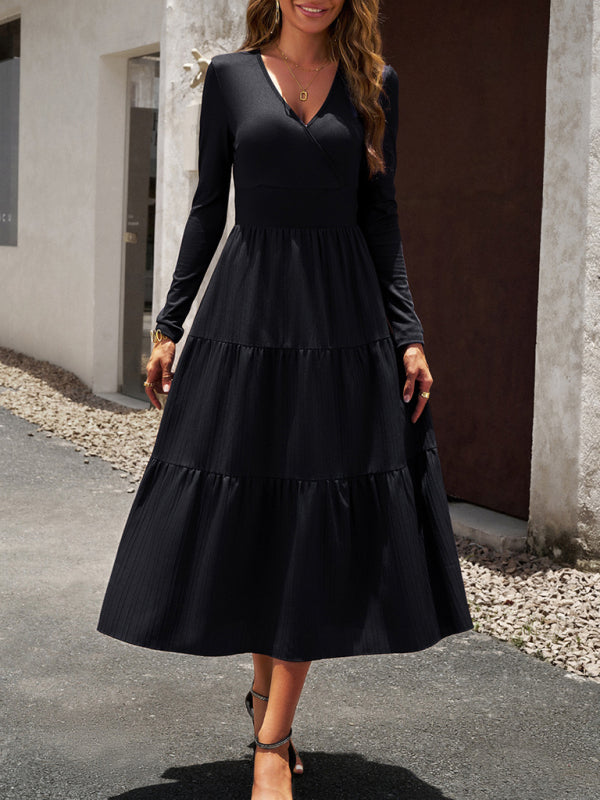 V-Neck Long Sleeve Midi Dress in 4 Colors S-XL