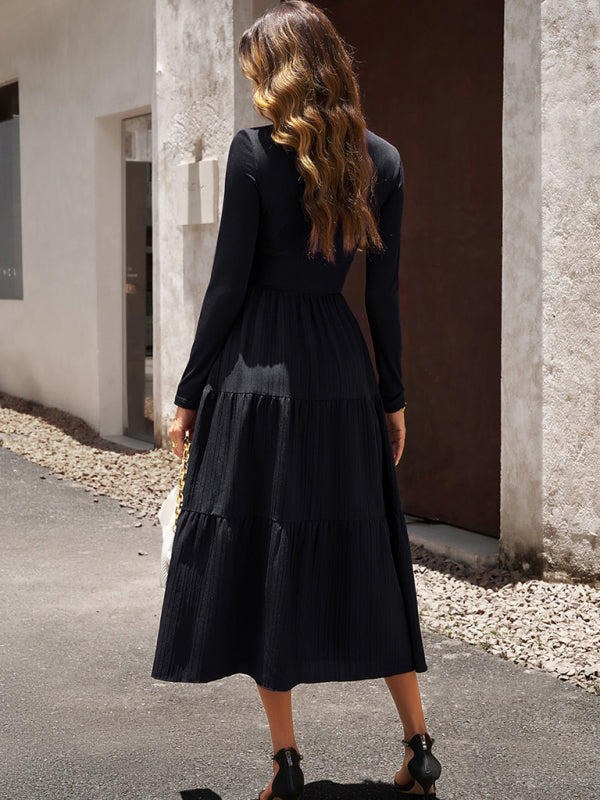 V-Neck Long Sleeve Midi Dress in 4 Colors S-XL