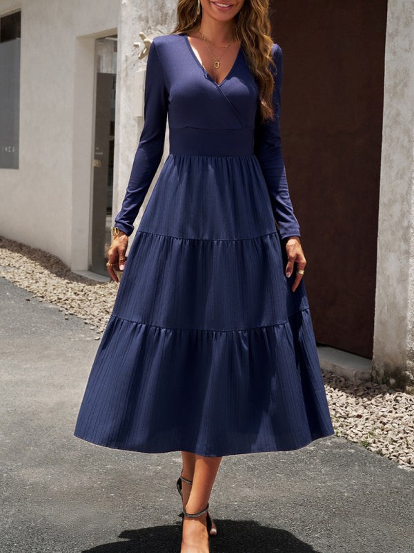 V-Neck Long Sleeve Midi Dress in 4 Colors S-XL