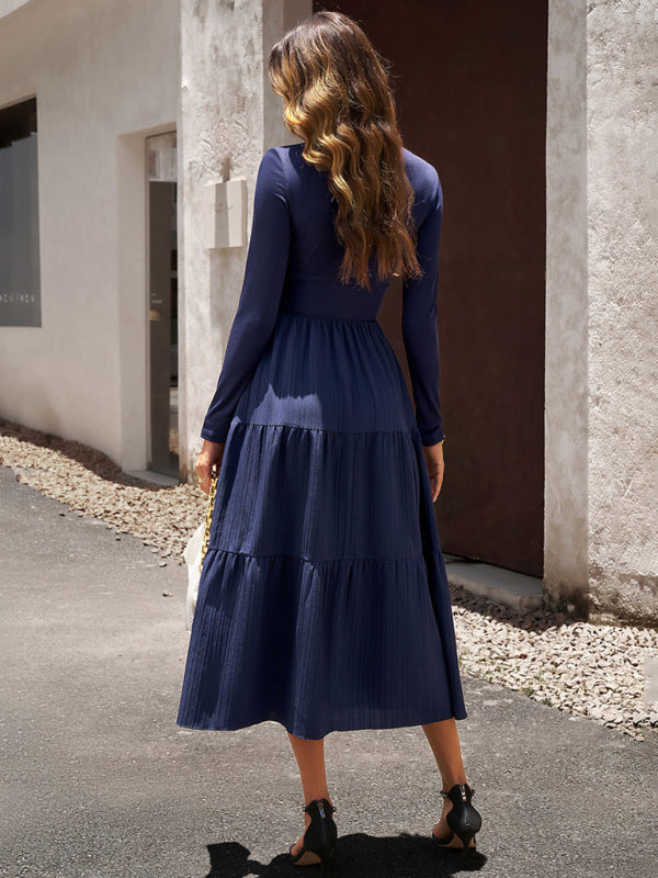 V-Neck Long Sleeve Midi Dress in 4 Colors S-XL