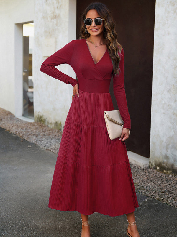 V-Neck Long Sleeve Midi Dress in 4 Colors S-XL