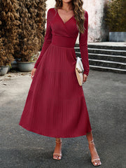 V-Neck Long Sleeve Midi Dress in 4 Colors S-XL