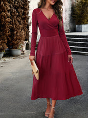 V-Neck Long Sleeve Midi Dress in 4 Colors S-XL
