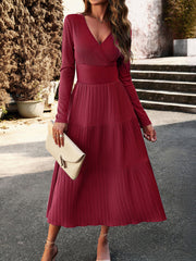 V-Neck Long Sleeve Midi Dress in 4 Colors S-XL