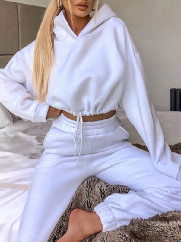 Cropped Long Sleeve Hooded Sweatshirt with Matching Bottoms in 8 Colors