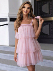 Layered Cocktail Dress with Tied Shoulder Straps
