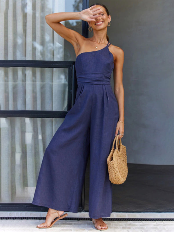 Sleeveless One-Shoulder Wide Leg Jumpsuit in 5 Colors S-XL