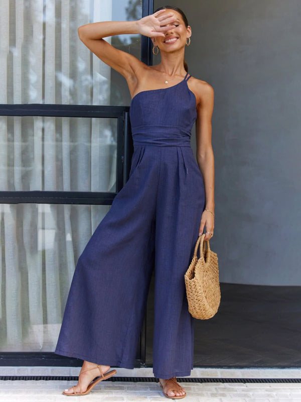 Sleeveless One-Shoulder Wide Leg Jumpsuit in 5 Colors S-XL