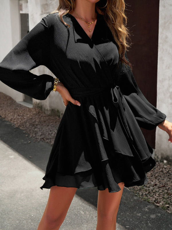 Robe à volants et manches longues à col en V, disponible en 4 couleurs, tailles S à XL