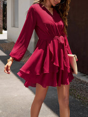 Robe à volants et manches longues à col en V, disponible en 4 couleurs, tailles S à XL
