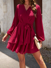 Robe à volants et manches longues à col en V, disponible en 4 couleurs, tailles S à XL