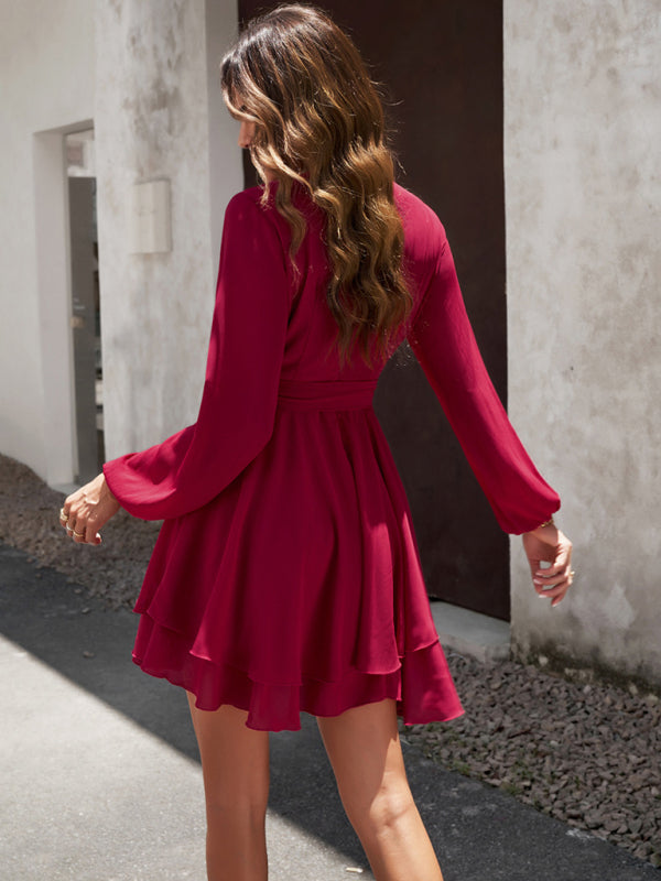 Robe à volants et manches longues à col en V, disponible en 4 couleurs, tailles S à XL