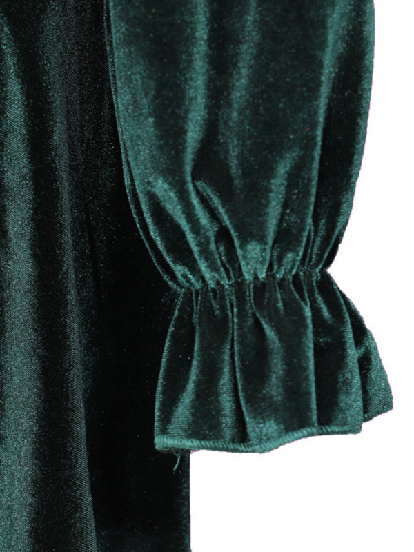 V-Neck Long Sleeve Velvet Mini Dress