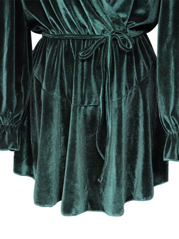 V-Neck Long Sleeve Velvet Mini Dress