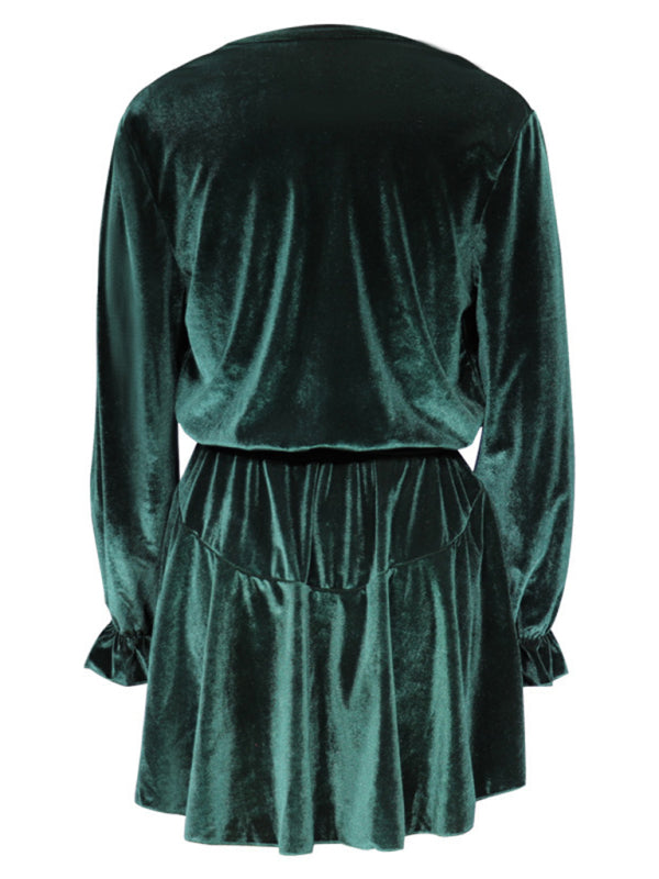 V-Neck Long Sleeve Velvet Mini Dress