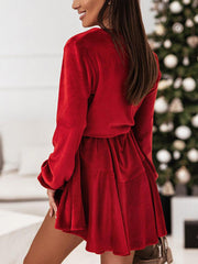 V-Neck Long Sleeve Velvet Mini Dress