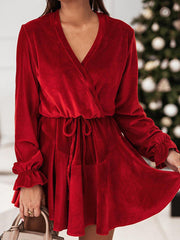 V-Neck Long Sleeve Velvet Mini Dress