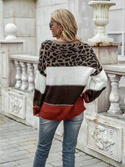 Colorblock Leopard Print Long Sleeve Sweater with Round Neck in 3 Colors S-XL