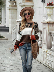 Colorblock Leopard Print Long Sleeve Sweater with Round Neck in 3 Colors S-XL